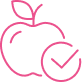 Pomme Vérifiée : Qualité & Santé Approuvées pour Votre Bien-être Icône d'une pomme rose stylisée avec une feuille et un cercle de vérification contenant un coche. Symbolise la santé et la qualité approuvée.